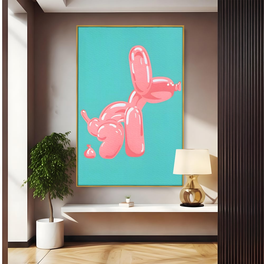Tablou canvas cu ilustratie caine balon roz, in rama de aluminiu auriu